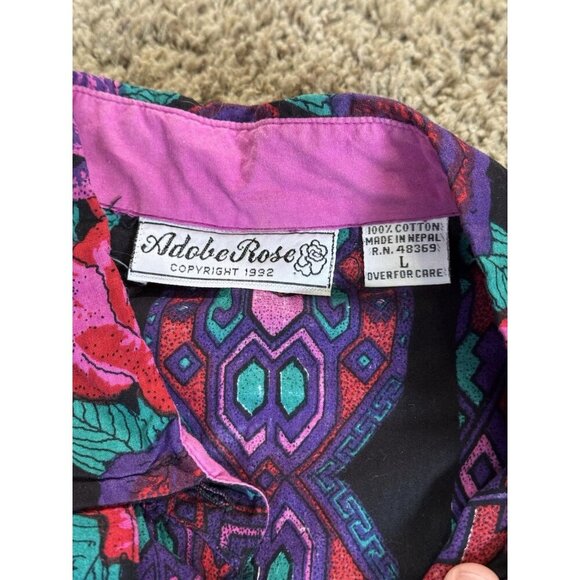 ADOBE ROSE Vtg Purple Floral Button Shirt Western Rodeo Aztec Rockabilly LARGE - Picture 8 of 12